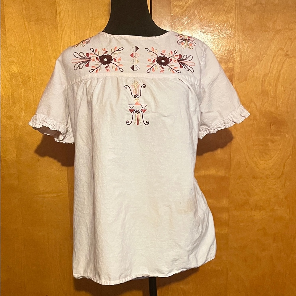 Serra Large White Embroidered Ruffle-Sleeve Peasant Blouse